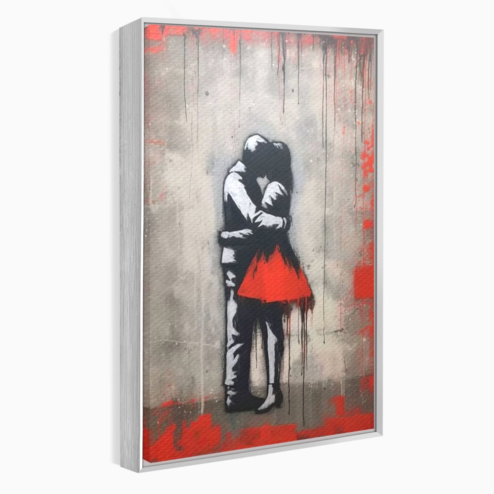 Tablou canvas cu tablou canvas cu doi indragostiti imbratisati, in rama de aluminiu argintiu